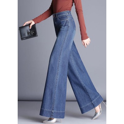 Beautiful Denim Blue High Waist Pockets Patchwork Cotton Wide Leg Pants Fall