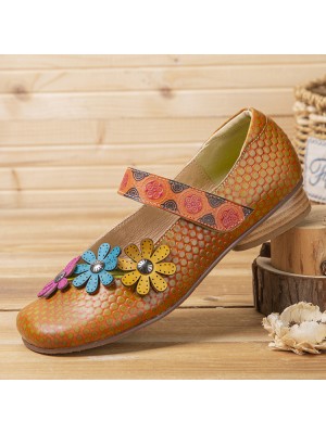 SOCOFY Flowers Decor Dot Printed Cowhide Leather Retro Ankle Strap Hook Loop Comfy Casual Flat Shoes