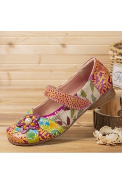 SOCOFY Retro Flower Decor Printed Cowhide Leather Stitching Cloth Comfy Round Toe Casual Flat Shoes