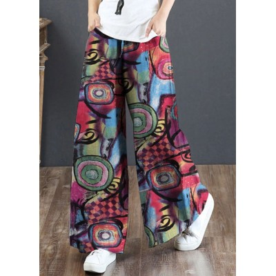 Plus Size Red elastic waist Pockets Print Cotton Wide Leg Pants Summer